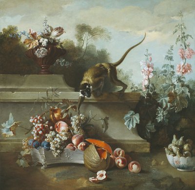 Stilleben med ape, frukt og blomster, 1724 av Jean Baptiste Oudry