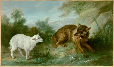 Ulven og lammet. Illustrasjon av en fabel av Jean de La Fontaine (1621-1695). Maleri av Jean Baptiste Oudry (1686-1755) av Jean Baptiste Oudry