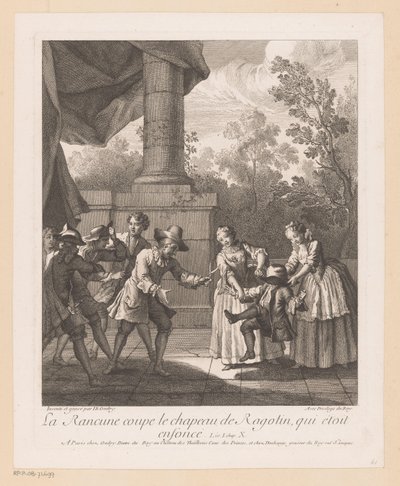 Wrok knipt av hoed van Ragotin La Rancune kutter av Ragotins hatt (tittel på objekt) Scener fra Roman Comique van Scarron (serietittel) av Jean Baptiste Oudry