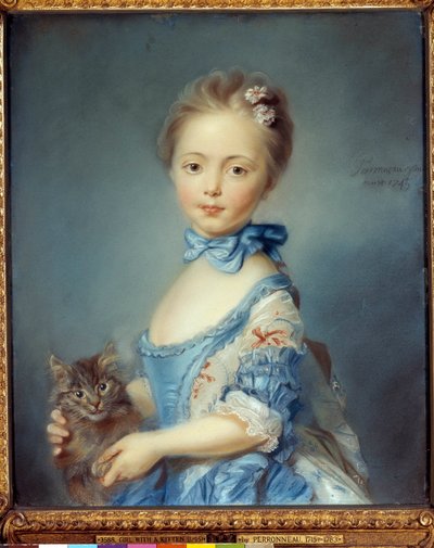 Portrett av den unge jenta med en katt Pastellmaleri av Jean-Baptiste Perroneau (Jean Baptiste Perronneau) (1715-1783) av Jean Baptiste Perronneau
