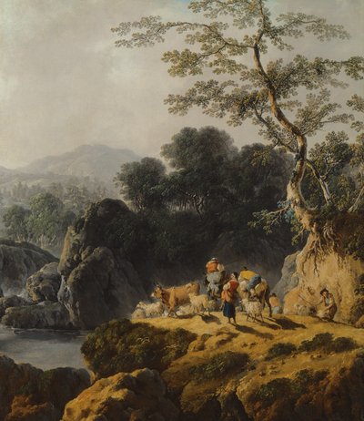 Et elvedalslandskap med gjetere og reisende av Jean Baptiste Pillement