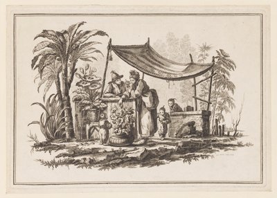 Figurer med en vase med blomster, fra "Ny notatbok med seks ark med forskjellige historiske kinesiske emner" av Jean Baptiste Pillement