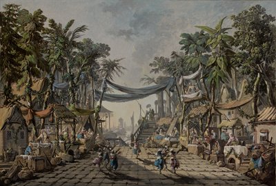Markedsscene i en imaginær orientalsk havn, ca. 1764 (olje på lerret) av Jean Baptiste Pillement