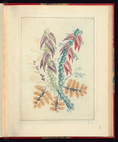 Ornamental design med trekantede lilla og røde blader, fra New Suite of Natural Flower Notebooks for the Use of Drafters and Painters, No.1 av Jean Baptiste Pillement