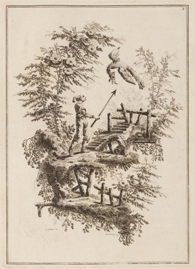 Plate 3, "Suite av tolv fiskere og jegere" av Jean Baptiste Pillement
