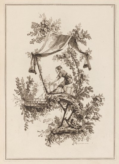 Plate 5, "Suite av tolv fiskere og jegere" av Jean Baptiste Pillement
