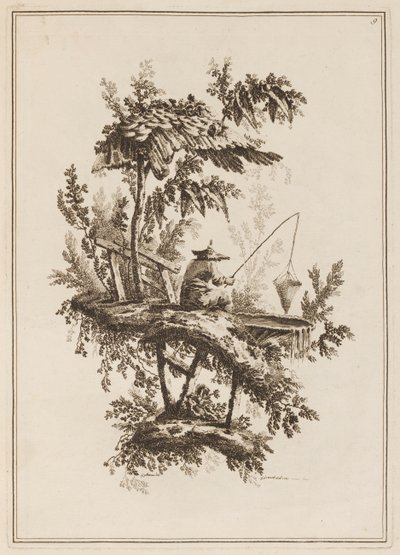 Plate 9, "Suite av tolv fiskere og jegere" av Jean Baptiste Pillement
