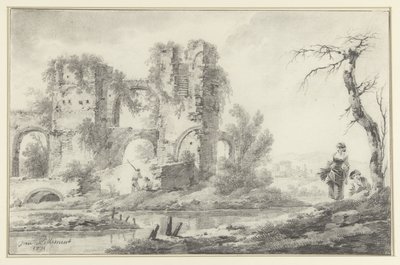 Ruin ved en elv med en gutt og en jente til høyre av Jean Baptiste Pillement