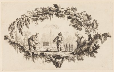 Tre figurer som leker med en ball, fra "Samling av flere kinesiske barnespill" av Jean Baptiste Pillement