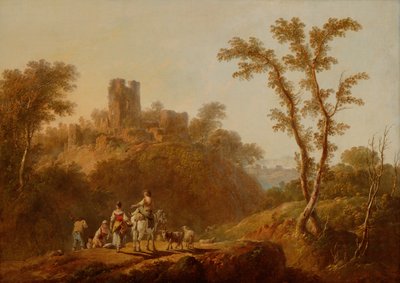 Skogkledd kupert landskap med bønder (olje på lerret) av Jean Baptiste Pillement