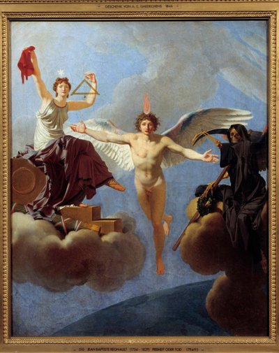 La Liberte ou la Mort Allegorie de la Liberte til venstre, dekket av Diademe de la Reason, arven til Siecle des Lumieres. Med venstre hånd svingte hun torget og blytråden som symboliserer likhet i statsborgerskap. Det legemliggjør verdiene til t av Jean Baptiste Regnault