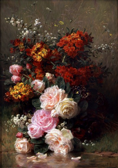 Sommerblomster (inkludert roser og geranier). Maleri av Jean Baptiste Robie (1821–1910). Privat samling. av Jean Baptiste Robie