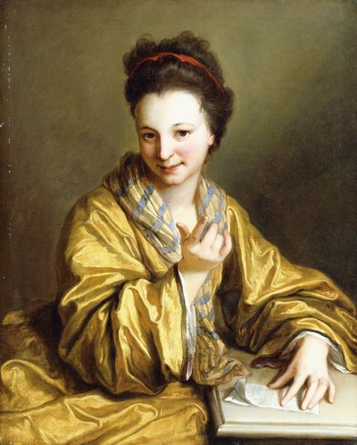 En ung dame, iført en gul kappe, sittende ved et bord, Beckoning, 1703 av Jean Baptiste Santerre