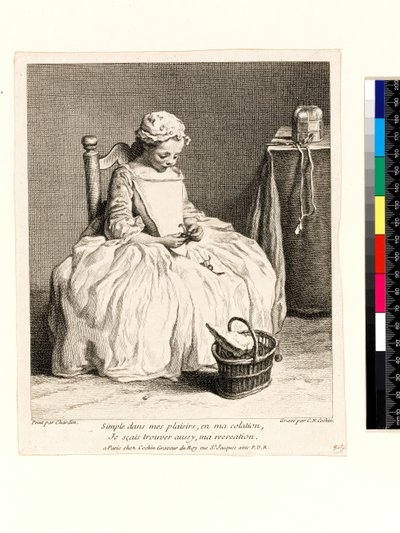 Liten jente med lunsjen sin (La Petite Fille aux Cerises) gravert av Charles Nicolas Cochin I (1688-1754) 1738 (etsing og gravering) av Jean Baptiste Simeon (after) Chardin
