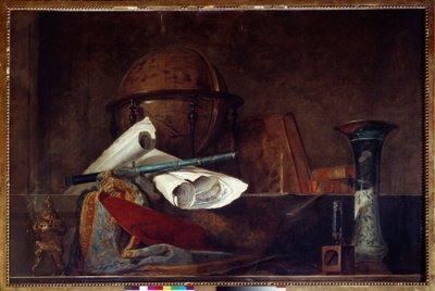 Allegory of science Stilleben, jordklode, geografiske kart, bøker og vase. Maleri av Jean Baptiste Simeon Chardin (1699-1779) Paris fra 1700-tallet, Musee Jacquemart Andre av Jean Baptiste Simeon Chardin