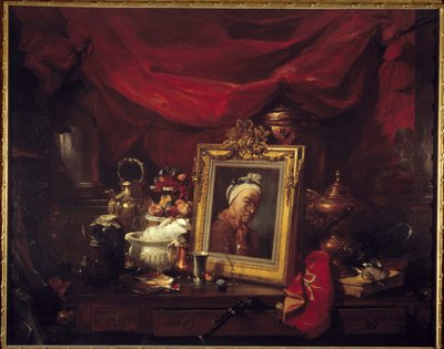 Chardin og modellene hans. Tabell i en matrise (abyme). Et maleri som viser Jean Baptiste Simeon Chardin (1699-1779) omgir stilleben. Maleri av Philippe Rousseau (1816-1887) 1867 søn. 1,77x2,26 m Paris, musee d