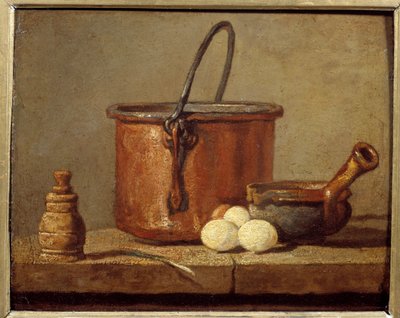 Kjøkkenutstyr, gryte, poelon og egg Maleri av Jean baptiste Simeon Chardin (1699-1779) 1700-tallet Søn. 0,21 x 0,17 m av Jean Baptiste Simeon Chardin