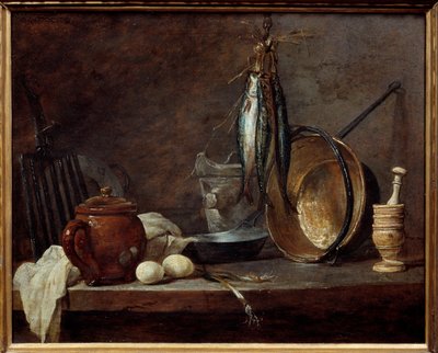 Meny med magert og kjøkkenutstyr. Stilleben. Maleri av Jean Baptiste Simeon Chardin (1699-1779) av Jean Baptiste Simeon Chardin