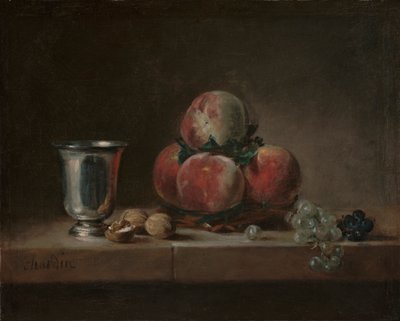 Stilleben med fersken, en sølvbeger, druer og valnøtter, ca. 1759-60 (olje på lerret) av Jean Baptiste Simeon Chardin