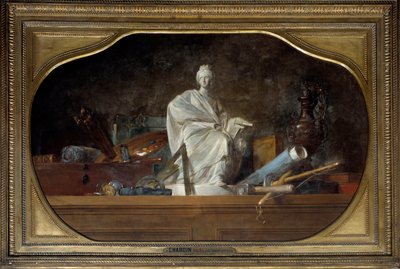 Attributtene til Arts Allegory of the arts med skulptørverktøy, statuett. Maleri av Jean Baptiste Simeon Chardin (1699-1779) 1765 Søn. 0,91x1,45 m av Jean Baptiste Simeon Chardin
