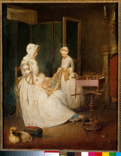 Arbeidsmoren En mor hjulpet av at datteren broderte og brukte en chedder. Maleri av Jean Baptiste Simeon Chardin (1699-1779) 1700-tallets søn. 0,4x0,39 m av Jean Baptiste Simeon Chardin