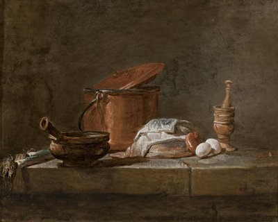 Purre, en gryte med klut, en kobbergryte og lokk, en løk og egg med morter og støter, på en steinhylle av Jean-Baptiste Simeon Chardin