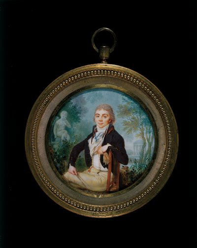 Portrett Miniatyr av en ung herre kalt Mr Videl, sittende trekvart lengde (ramme av forgylt bronse) av Jean Baptiste Soyer