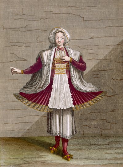 A Girl of Naxos, plate 71 fra 'Collection of One Hundred Prints Representing the Different Nations of the Levant' av Charles de Ferriol, gravert av Gerard Scotin (1671-1716), 1707-08 (farget engra av Jean Baptiste Vanmour