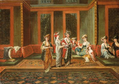 Armenske kvinner drikker kaffe i et interiør av Jean Baptiste Vanmour