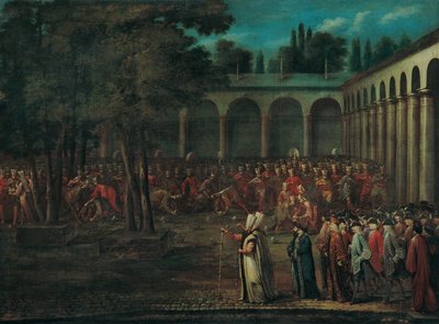 Ambassadørdelegasjonen som går gjennom den andre gårdsplassen til Topkapı -palasset av Jean Baptiste Vanmour