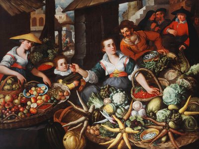 En frukt- og grønnsaksbod på et bymarked, av Jean Baptiste de Saive