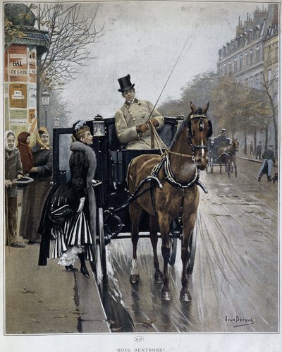 Elegant kvinne i en vogn i Paris: "We returnees" - illustrasjon av Jean BERAUD (1849 - 1935), sent på 1800-tallet. av Jean Beraud