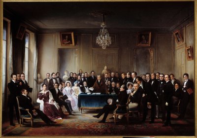 Poeten og dramatikeren Francois Guillaume Andrieux leser sin tragedie Junius Brutus "" i foajeen på Comedie Francaise den 26.05.1828" Blant gavene Alexandre Dumas, Pierre Nicolas Michelot, Jean Francois Becquerel, Firmin, Victor Hugo, Eugene av Jean Beraud