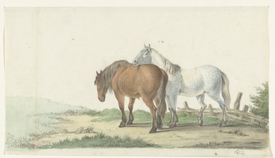 En brun og hvit hest på en vei ved siden av et gjerde av Jean Bernard