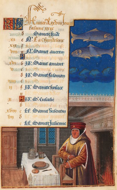 Hours of Louis XII (tidligere Hours of Henry VII), kalenderblad for februar måned, ca. 1490-1510 (tempera på vellum) av Jean Bourdichon