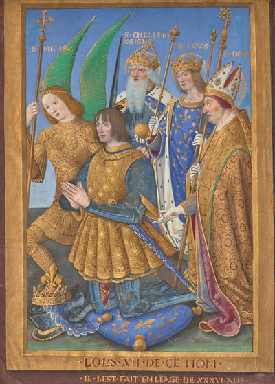 Ludvig XII av Frankrike kneler i bønn, akkompagnert av de hellige Mikael, Karl den Store, Ludvig og Denis av Jean Bourdichon