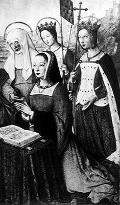 Ms lat 9474 f.3v Anne av Bretagne med St. Anne, St. Ursula og St. Helen, miniatyr fra Grandes Heures av Anne av Bretagne, ca. 1503-8 (se også 151193) av Jean Bourdichon