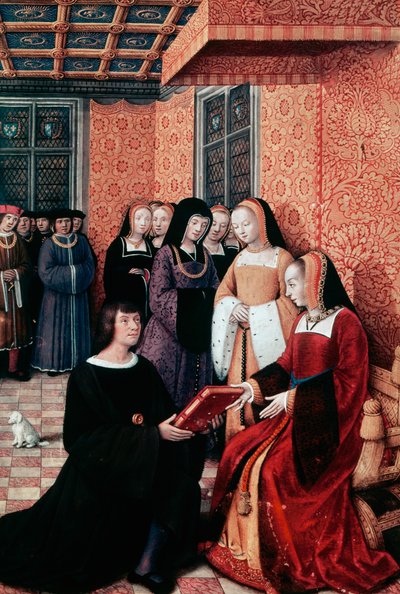 Poeten Jean Marot (1450-1526) overlater verket Voyage to Genoa til Anne av Bretagne (1477-1514), ca 1508, miniatyr av Jean Bourdichon (1457-1521). Frankrike av Jean Bourdichon