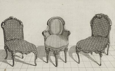 Cane Chair, Cabriolet lenestol, Cane Chair, utgitt på midten av 1770-tallet (gravering på lagt papir) av Jean Charles (after) Delafosse