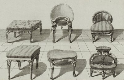 Krakker, toalettbidet, fotskammel, publisert på midten av 1770-tallet (gravering på lagt papir) av Jean Charles (after) Delafosse
