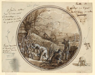 Design for en malt porselensplate, skjæring og arbeid i vingården av Jean Charles Develly