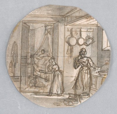 Design for en malt porselensplate, kjøkkenscene med soverom bak, muligens for Service des Objets de Dessert (Dessertservice) av Jean Charles Develly