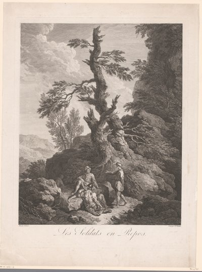 Soldater hviler foran et tre i et steinete landskap Les soldats en repos (tittel på objekt) av Jean Charles Levasseur