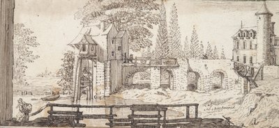 Rustikk scene med mølle og dam av Jean Chaufourier