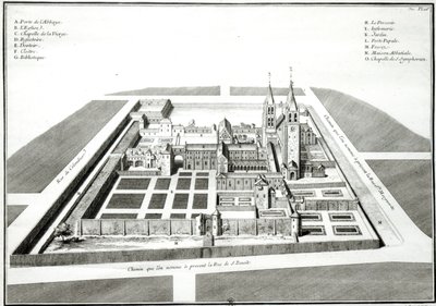 Utsikt over klosteret Saint-Germain-des-Pres før 1640, gravert av Antoine Herisset (1685-1769) av Jean Chaufourier