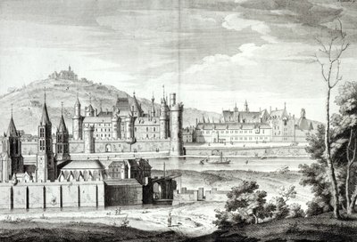 Utsikt over klosteret Saint-Germain-des-Pres, Louvre, Petit Bourbon, Montmartre og Seinen i 1410, gravert av Antoine Herisset (1685-1769) av Jean Chaufourier