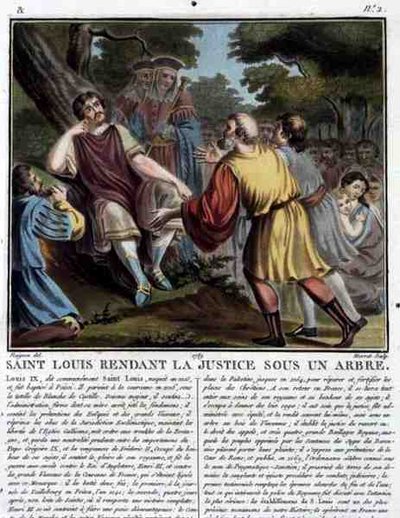 Saint Louis (1215-70) Gjengir rettferdighet under et tre, gravert av Jean Baptiste Morret (fl. 1790-1820) 1789 (farget gravering) av Jean Claude (after) Naigeon