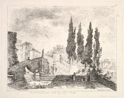 Utsikt over hagene ved Villa dEste i Tivoli, Kypros-trærne til høyre, en trapp som fører..., 1764. av Jean Claude Richard Saint Non