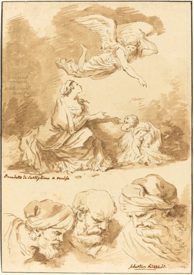Hagar trøstet av en engel (fra et maleri av Castiglione) og Three Heads of Old Men (fra et maleri av Ricci av Jesus og den voksne kvinnen) av Jean Claude Richard de Saint Non after Jean Honoré Fragonard