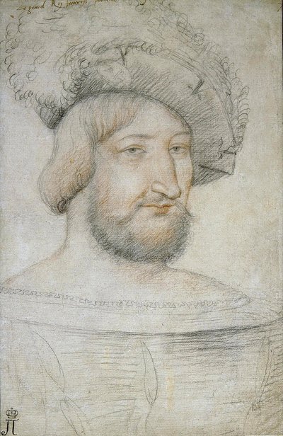 Portrett av Frans I (1494-1547), konge av Frankrike par Clouet, Jean (ca. 1485-1541). Svart kritt og sangvin på papir, størrelse: 29,3x19,1, første halvdel av 1500-tallet, State Hermitage, St. Petersburg av Jean Clouet